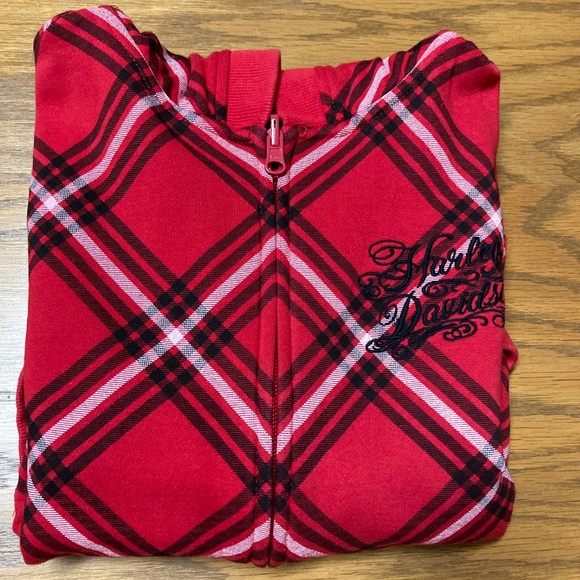 Harley-Davidson Red Plaid Hooded Biker Vest Split Zip Hood M/L Embroidered - Picture 14 of 14